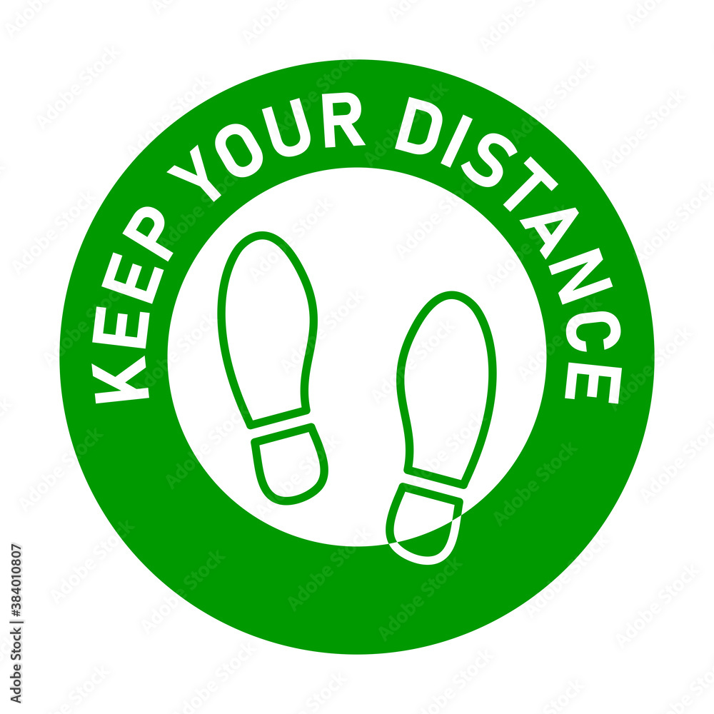 Poster keep your distance round floor marking sticker icon with text and shoeprints for queue line or other