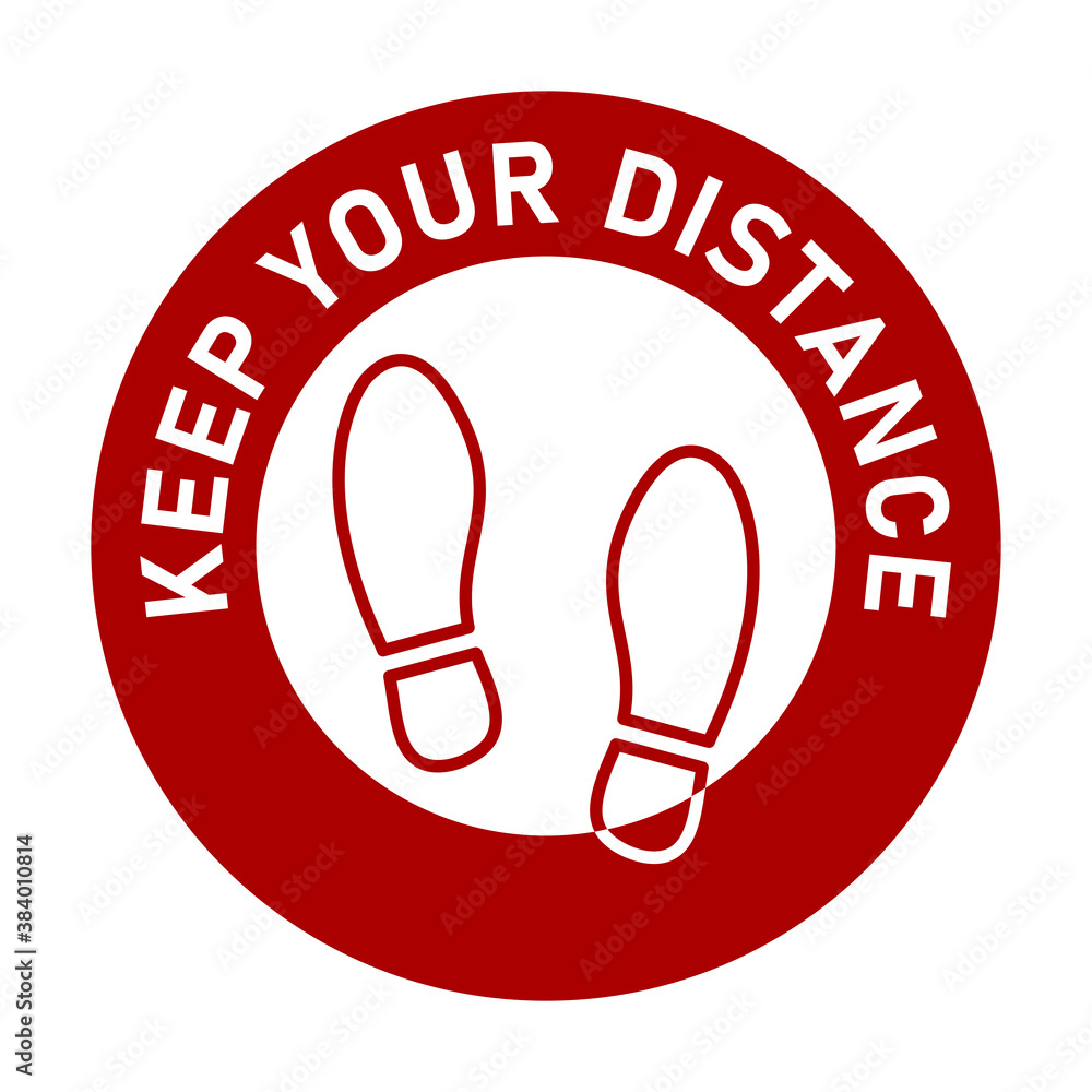 Poster keep your distance round floor marking sticker icon with text and shoeprints for queue line or other