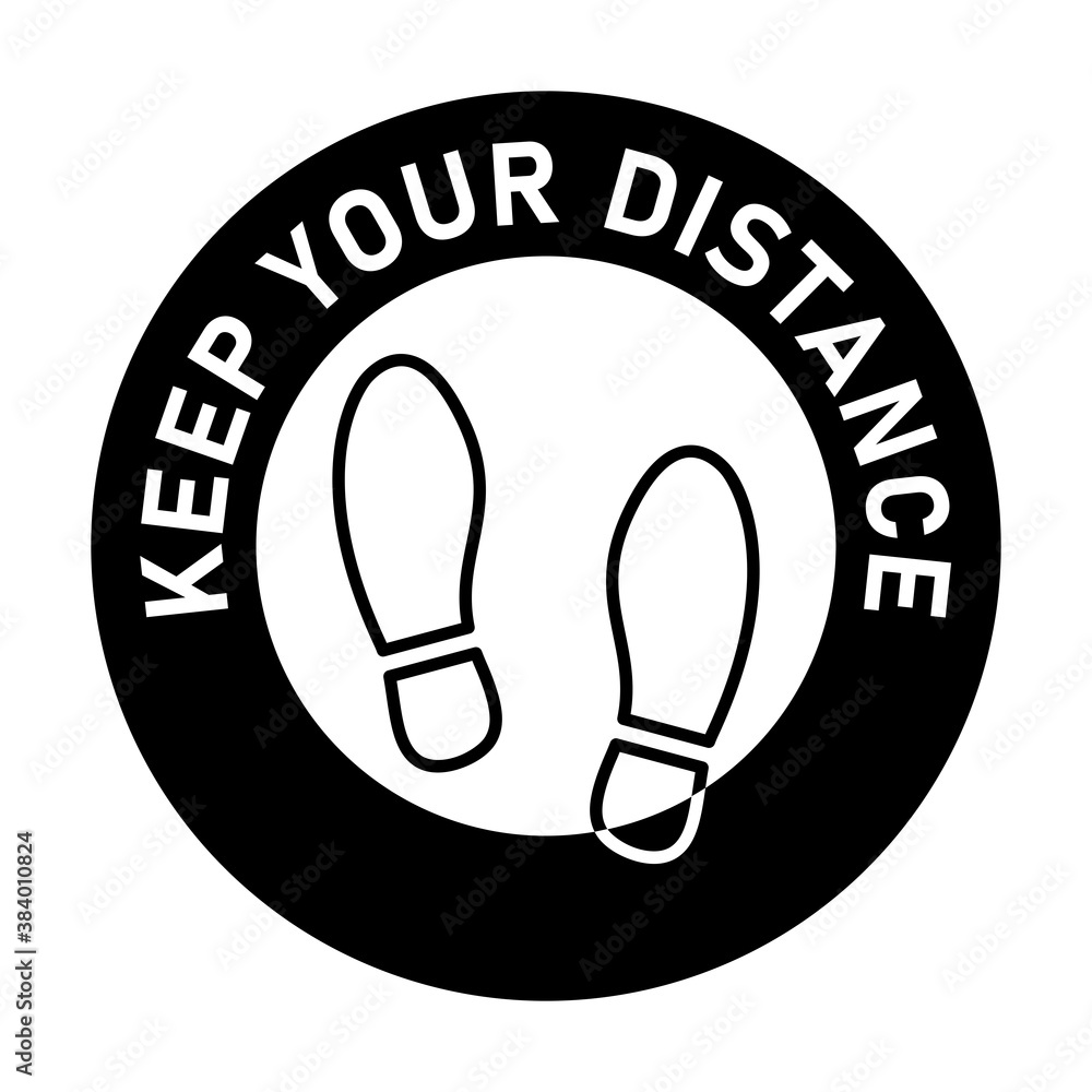 Poster keep your distance round floor marking sticker icon with text and shoeprints for queue line or other