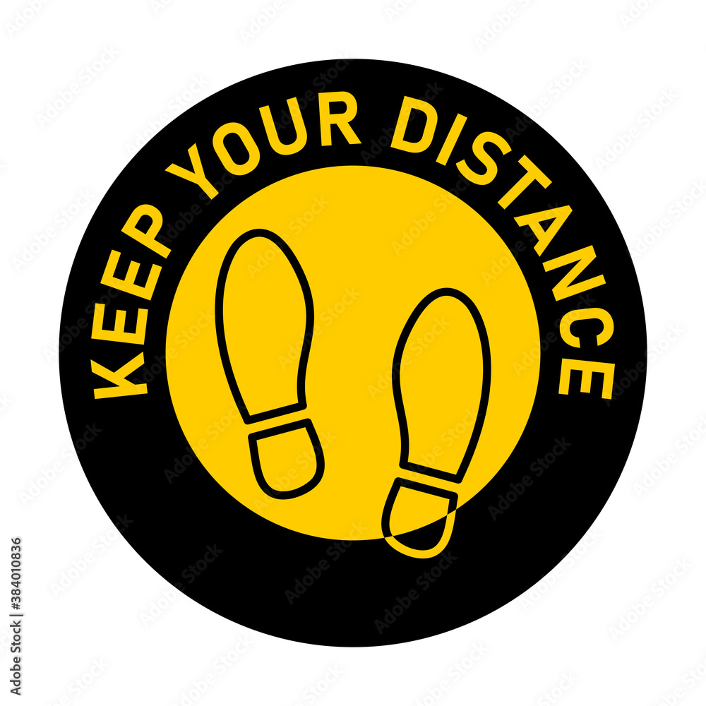 Poster keep your distance round floor marking sticker icon with text and shoeprints for queue line or other