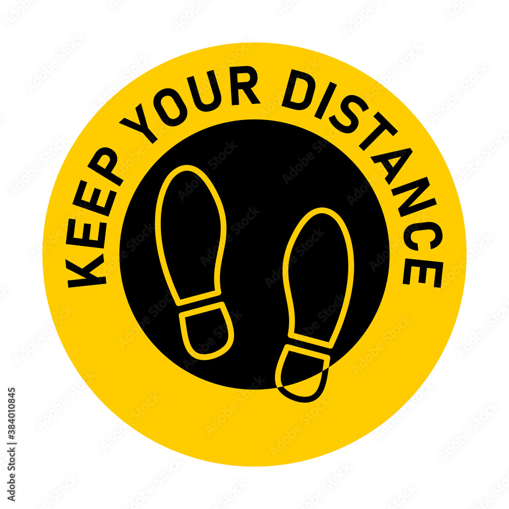 Poster keep your distance round floor marking sticker icon with text and shoeprints for queue line or other