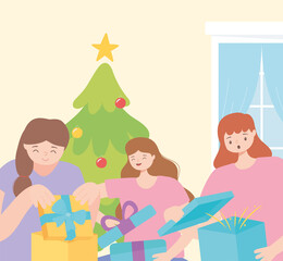 people in christmas party opening gift boxes