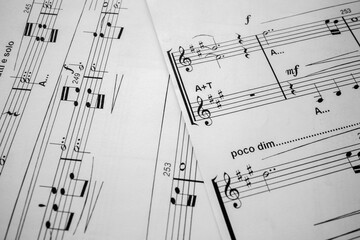 Obraz premium Sheets of musical notes. Still life. Musical notation. Treble clef. Music for people and learning. Art education. High quality photo