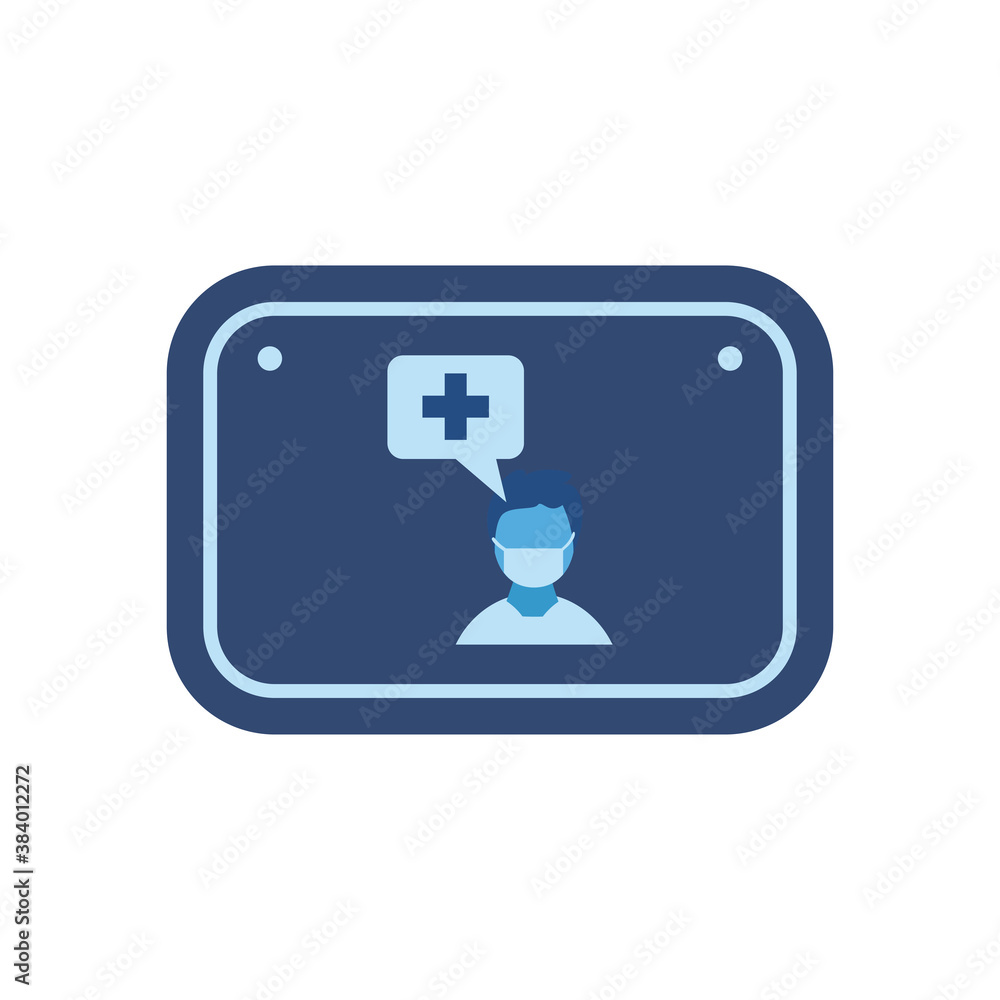 Poster man with mask and bubble in road sign flat style icon vector design