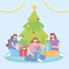 Obraz na płótnie Canvas christmas celebration with women opening gift boxes