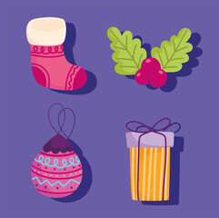 merry christmas, set icons gift ball sock and holly berry