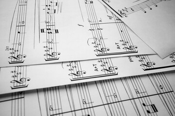 Sheets of musical notes. Still life. Musical notation. Treble clef. Music for people and learning....