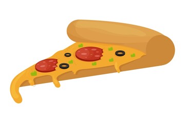 Slice of pizza, colorful, delicious with tomato, salami, olives and hot cheese. Italian traditional fast food, object isolated on white background.