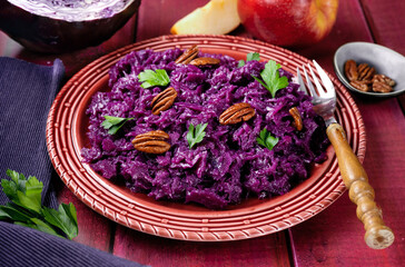 Close up of a plate with bright purple cabbage