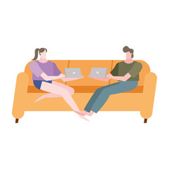 Obraz na płótnie Canvas woman and man with laptop on couch at home vector design