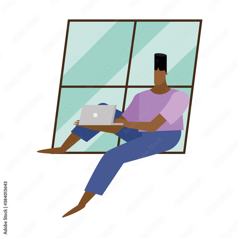 Poster man with laptop on home window vector design