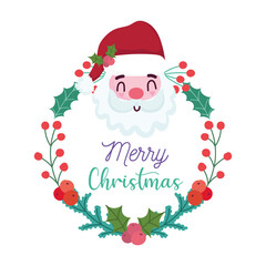 merry christmas, santa claus wreath holly berry decoration card for greeting