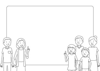 Illustration frame of a three generation family (grandfather, grandmother, father, mother, girl, boy set)