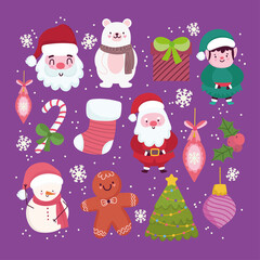 merry christmas, cute santa snowman helper bear gingerbread cookie tree balls background