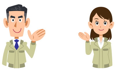 手のひらで案内する工務店の男女の上半身
