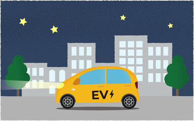 夜、ライトを点けて都市の道路を進む黄色い電気自動車のベクターイラスト
