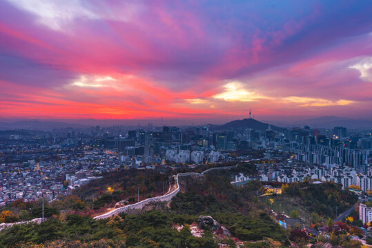 Seoul city sky line , south korea, showing landmark Seoul tower in the financial district at morning