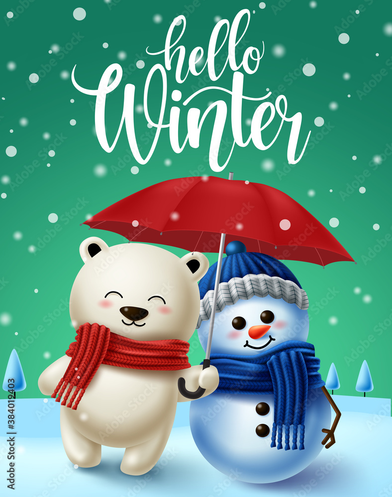 Poster winter character vector background design. hello winter text in snowy winter background with 3d pola