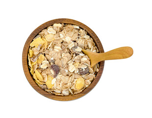 muesli multi fruit in wooden bowl and spoon isolated on white background ,include clipping path