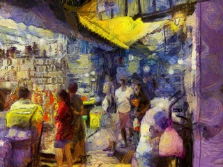Fototapeta na wymiar Bangkok night market Illustrations creates an impressionist style of painting.