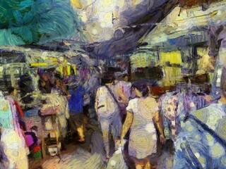 Bangkok night market Illustrations creates an impressionist style of painting.