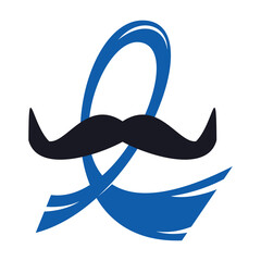Blue Ribbon and Mustache Cancer Awareness Vector Template Design. Grow It Up Text Card Vector.