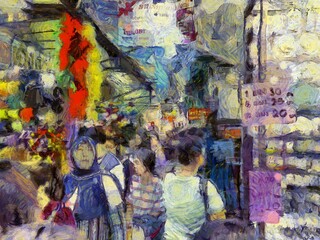 Obraz na płótnie Canvas Bangkok night market Illustrations creates an impressionist style of painting.