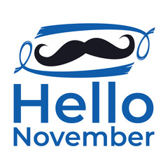 Cancer Awareness  Mustache, Blue Ribbon Vector Template Design. Hello November  No Shave Month Vector Isolated on White Background.