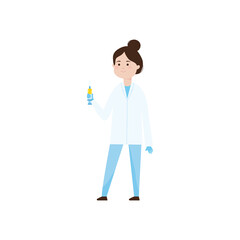 cartoon doctor woman standing holding a syringe, colorful design