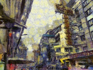 Obraz premium Yaowarat China Town, Bangkok Illustrations creates an impressionist style of painting.