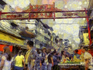 Obraz premium Yaowarat China Town, Bangkok Illustrations creates an impressionist style of painting.