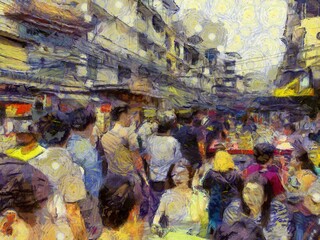 Yaowarat China Town, Bangkok Illustrations creates an impressionist style of painting.