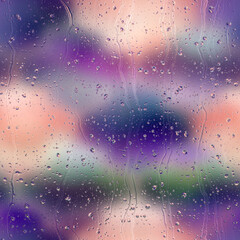 Seamless rain drop water repeat pattern on blur. High quality illustration. Realistic digital render of water droplets and drips on a blurred out pattern background. Pure water with light refraction.