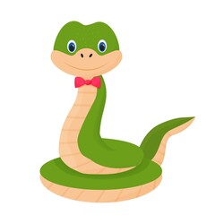 Cute, cheerful character snake, smiling in cartoon style. Childish animal, reptile clip art isolated on white background.