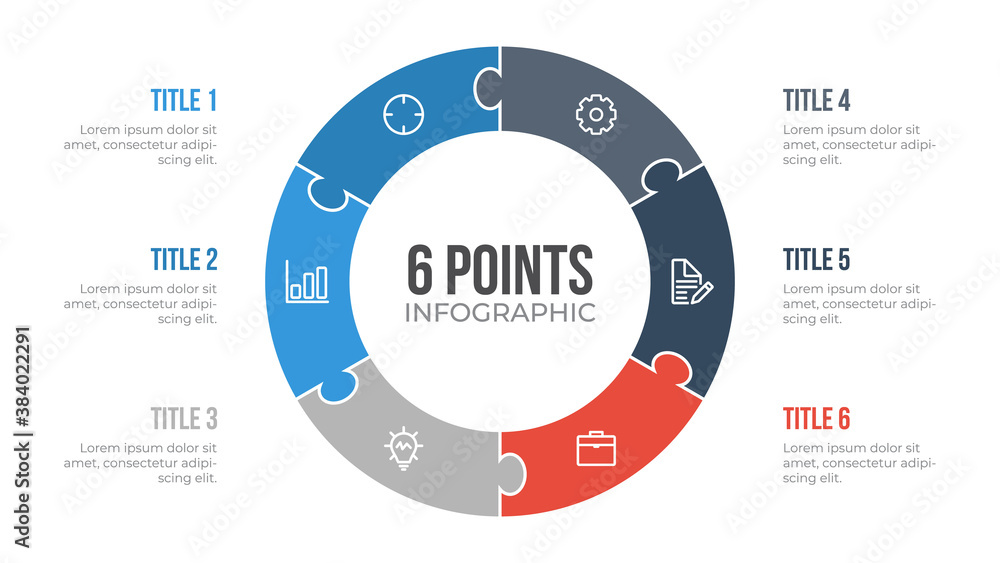Poster 6 points circle infographic element vector with puzzle, can be used for workflow, steps, options, li