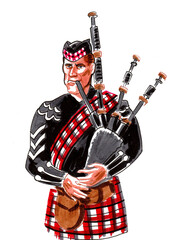 Scottish man  playing bagpipes. Ink and watercolor drawing - obrazy, fototapety, plakaty