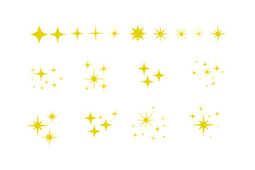 Yellow, gold, orange sparkles symbols vector. Set of original vector stars sparkle icon. Bright firework, decoration twinkle, shiny flash. Glowing light effect stars and bursts collection. Vector Set
