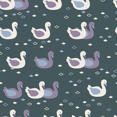 Swan Swimming in Dark Lake Vector Seamless Pattern