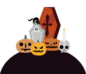 halloween pumpkins cartoons grave skull candle and coffin vector design