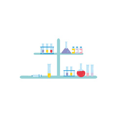 shelves with flask bottles and syringe, colorful design