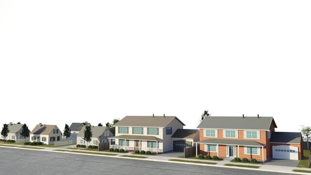 Suburban real estate concept with white background. High income housing. fancy neighborhood. Digital 3D render.