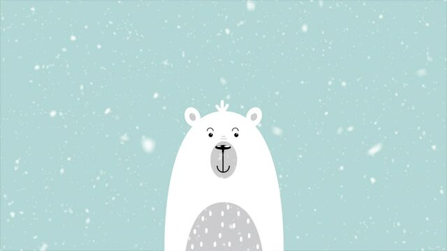 Cartoon polar bear on winter background, art video illustration.