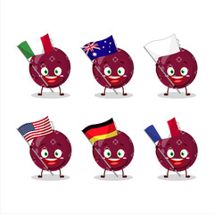 Fototapeta premium Christmas ball dark purple cartoon character bring the flags of various countries