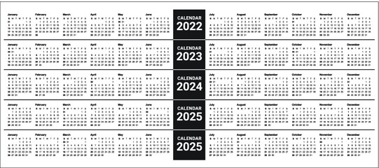 Year 2021 2022 2023 2024 2025 calendar vector design template, simple and clean design