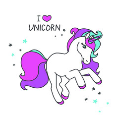 Vector cartoon cute unicorn with  stars, greeting card. I love unicorn.
