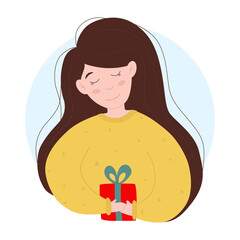 Vector illustration in hand drawn style: woman with Christmas or New Year gift.