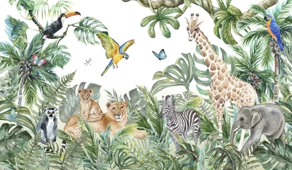 Abwaschbare Fototapete Kinderzimmer Kindertapeten, Aquarelldschungel und Tiere. Löwen, Giraffen, Elefanten, Papageien, Zebras, Lemuren