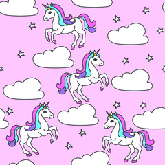 Seamless pattern with unicorns, clouds and stars.. Baby background.