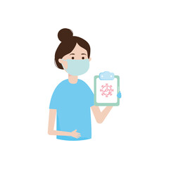 cartoon doctor woman holding a clipboard with coronavirus icon, colorful design