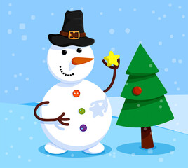 cheerful snowman is decorating the Christmas tree. Winter landscape and snowman. Meeting of Christmas and New Year. Winter fun. Cartoon vector